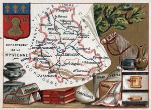 フランス、リムーザン地方のLa Haute Vienne（オート・ヴィエンヌ、87年）。錫、鉛、栗紙、シート、クローバー、ハンカチーフ。フランスのデパートメントをテーマにしたシリーズ。クロモリ（Chromo）「地理的な糸」、1920年頃。個人蔵。 作： French School