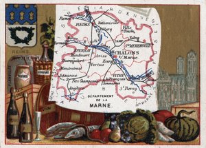 フランス、シャンパーニュ・アルデンヌ（Champagne-Ardenne）のラ・マルヌ（51）。地元の特産品：シャンパン、ランスの大聖堂。フランスの各県に関するシリーズ。クロモリ（Chromo）「地理的な糸」、1920年頃。個人のコレクション。