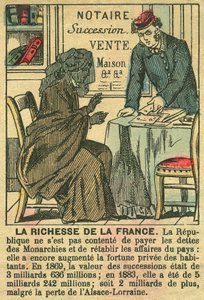 フランス人の個人的な豊かさに対する第三共和制の恩恵を示す「La Riche de la France」。1889年3月30日、パリの「ル・フィガロ」紙に掲載された版画。 作： French School