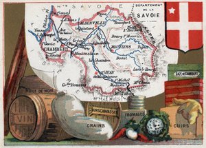 ラ・サヴォワ（73）、ローヌ・アルプ（Rhone Alpes）、フランス。フランスの各県のシリーズ。地方の特産品：クルミ油、ワイン、穀物、キルシュワッサー（キルシュ）、チーズ、チャンベリー・ガーゼ、革。クロモリソグラフィー（Chromo）「地理的な糸」、1920年頃。P 作： French School
