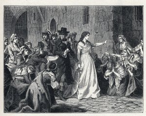 フランス革命時のラ・テレール。マダム・ジャンヌ・マリー・ロラン・ド・ラ・プラティエール（1754-1793）は、1793年に革命裁判所に出頭するためにコンシェルジュ監獄を出る。その行く手に跪く彼のコデットたち。