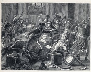 フランス革命時のLa Terreur：テルミドール2年目の9日（1794年7月27日）にパリのホテル・ド・ヴィルで再会したマクシミリアン・ド・ロベスピエール（1758-1794）とその支持者たちを逮捕。中央では憲兵がロベスピエール（1758-1794）に向かってピストルを発砲している。 作： French School