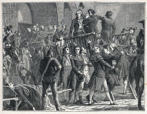 フランセーズ革命時のラ・テールール。死刑を宣告されたジロンダンたちが愛国歌を歌いながらスカッフォーに向かう 作： French School