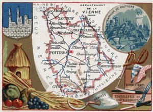フランス、ポワトゥー・シャラント（Poitou-Charentes）地方のラ・ヴィエンヌ（86）。種子、シャトレーゼのカトラリーとメリヤス。フランスのデパートメントに関するシリーズ。クロモリ（Chromo）「地理的な糸」、1920年頃。個人のコレクション。 作： French School