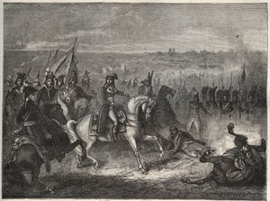 La battle de Lonato - NAPOLEON AT LONATO - CASTIGLIONEの第2の戦いとも呼ばれる：イタリア遠征において、ナポレオンはウルムザー率いるオーストリア軍を破り、マントヴァに退却させた。1796年8月3日 - モーリス・ラ・シャールによる新国民百科事典 作： French School