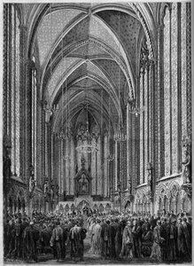 1863年11月3日、パリのサント・シャペルで行われた聖霊のミサは、奉職者の復帰の際に行われました。1863年11月7日付の「Le Monde Illustre」343号に掲載された図版。 作： French School