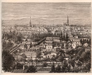 La ville de Mulhouse (Haut-Rhin) - V.A. Malt-Brownによる "La France illustree: geography, history, administration statistique "に掲載された彫刻。1884 作： French School