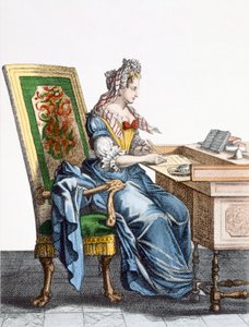ライティングデスク88の女性：女性はライティングデスクで請求書を支払います。 作： French School
