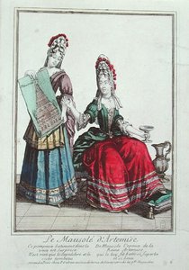 ハリカルナッソスの陵墓の絵を見せる女性（カラーリトグラフ） 作： French School