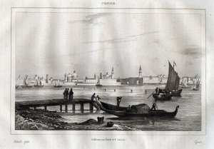 ヴェネツィアのリド島の船着き場 - M. de Norvins, Ch. Nodier 1834-1836による "Picturesque Italy "からのエングレーヴィング。 作： French School