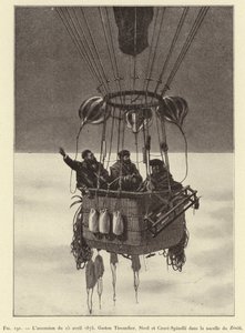 1875年4月15日の登頂、ゼニス社のゴンドラに乗ったガストン・ティサンディエ、シヴェル、クローチェ＝スピネリ（エングレービング 作： French School