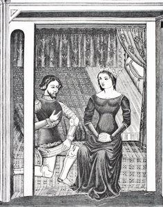 Launcelot ja Guinevere 1300-luvun käsikirjoituksen pienoismallin jälkeen Paul Lacroix -pubin Science and Literature in The Middle Ages -julkaisusta. Lontoo 1878 作： French School