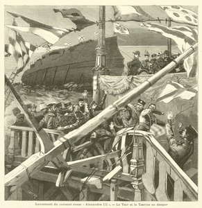 ロシアの戦艦「インペラートル・アレクサンドル3世」の進水式(彫刻) 作： French School