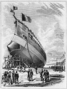 1872年5月7日、フィニステール県ブレスト港での装甲艦「ラ・ガリソニエール」の進水式（29）。1872年5月25日付 "Le Monde Illustré "789号に掲載されたエングレーヴィング。 作： French School