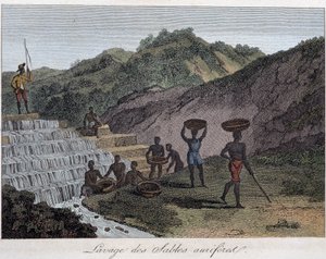 ルージューのシュヴァリエが書いた「版画で見る世界、3つの世界のジオグラフィー」（Lavge des sable auriferes 作： French School