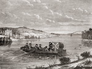1860年頃、アメリカの川の下に敷設された電信ケーブル（1870年頃に出版された『Les Merveilles de la Science』より）（エングレーヴィング 作： French School