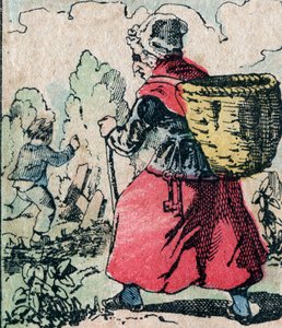 Le Pere Fouettard（フランス語で「鞭打ちの父」の意）は、いたずらっ子を懲らしめる伝説的な民話の人物で、その妻であるLa Mere Fouettardは、学校をさぼっている子供たちを追いかける鞭打ちの母である - Epinalの写真 作： French School