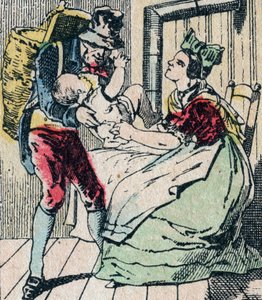 Le Pere Fouettard フランス語で「鞭打ちの父」を意味し、いたずらっ子を罰したり、言うことを聞かない子を囲ったりする伝説的な民話の人物、エピナルの絵 19世紀（エングレーヴィング）。 作： French School
