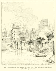 1718年4月27日の火事後、ビブリオテークナショナルで時間を過ごしたプチポン 作： French School