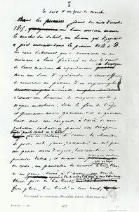 「ル・ソワール・ダン・ジュール・ド・マルシェ」、ビクトル・ユーゴー（1802-85）による「レ・ミゼラブル」の原稿のページの複製（紙にペンとインク） 作： French School
