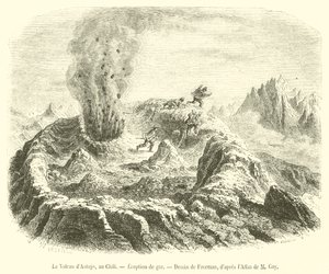 チリ、アントゥホ火山、ガス噴火（エングレービング 作： French School