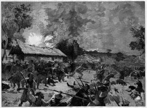 1885年7月4-5日のフエのグエ・アペン（guet-apens）：デ・クーシー将軍のフランス軍に対するトンキニーズ軍（ベトナミ）の攻撃。Le Monde Illustre "に掲載された版画。 作： French School