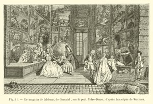 ヴァトーの標識が表示された後のノートルダム橋にあるジェルサンの絵画店 作： French School