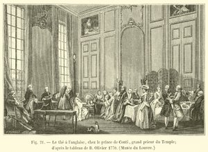 寺院の壮大な前のプリンスデコンティでのイングリッシュティー。 Bオリヴィエ1770年の絵画の後、ルーブル美術館