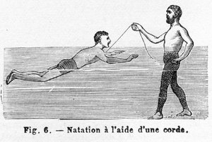 コード、パブを使用して泳ぐことを学ぶ. 1885 年の彫刻、1885 年。 作： French School