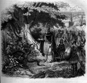 シャルルマーニュと蛇の伝説：ヒキガエルに占拠された蛇の巣の前にいる皇帝。1852年のエングレーヴィング。 作： French School