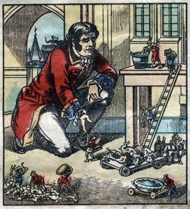 リリパット軍の顧問を務めるレミュエル・ガリバー。ジョナサン・スウィフト（1667-1745）の『ガリバー旅行記』の挿絵。19世紀後半のエピナル画像