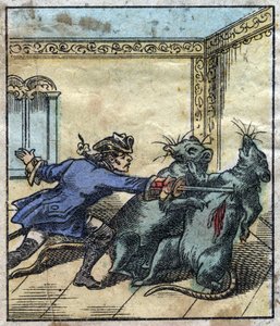 ブロブディンナグの巨人の国でネズミと戦うレミュエル・ガリバー。ジョナサン・スウィフト（1667-1745）の『ガリバー旅行記』の挿絵。19世紀後半のエピナル画像。