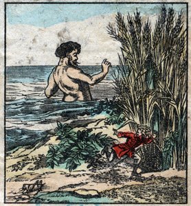 ブロブディンナグで巨人から隠れるレミュエル・ガリバー。ジョナサン・スウィフト（1667-1745）の『ガリバー旅行記』の挿絵。19世紀後半のエピナル画像。 作： French School