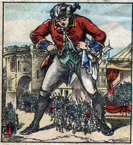 リリパット人の国のレミュエル・ガリヴァー。ジョナサン・スウィフト（1667-1745）の『ガリバー旅行記』の挿絵。19世紀後半のエピナル画像。 作： French School