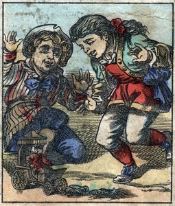 ブロブディンナグの巨人族の子供たちにおもちゃにされるレミュエル・ガリバー（Lemuel Gulliver）。ジョナサン・スウィフト（1667-1745）の『ガリバー旅行記』の挿絵。エピナル画像 19世紀後半