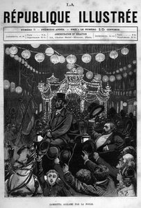 パリのレピュブリック広場の銅像に挨拶するレオン・ガンベッタ（1838-1882）。ある新聞。個人コレクション「La republique illustree」の1880年のエングレーヴィング。 作： French School