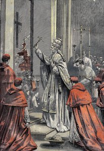1899年12月24日、バチカンのサン・ピエトロ（聖ペテロ）で、黄金のハンマーを武器にしたカトリック教会第256代教皇、レオン13世（ネ・ヴィンチェンツォ・ジョアッキーノ・ラファエレ・ルイジ・ペッチ（1810-1903））がジュビレーションの扉を開く様子。Le Pelerin 31-12-1899」に掲載されたエングレーヴィング。