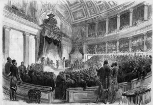 ベルギー国王レオポルド2世（1835-1909）は、1865年に国家の偉い人たちの前で宣誓した。 作： French School