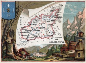 Les Basse Alpes (Basse-Alpes), フランスのAlpes-de-Haute-Provence (Alpes de Haute-Provence 04)の今日の部門。地方の特産品：狩猟、ワックス、蜂蜜、ドライフルーツ、オイル。フランスの各県のシリーズ。クロモリソグラフィー（クロモ）「地理的なもの 作： French School