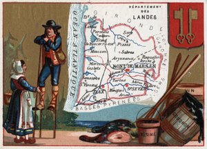 Les Landes (40), Aquitaine, フランス。フランスの各県のシリーズ。特産品：タールとワイン樹脂。ランド地方の羊飼い。クロモリ（Chromo）「地理的な糸」、1920年頃。個人蔵。