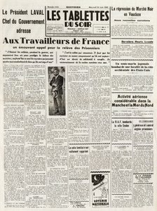 Les Tablets du soir du 24-06-1942 - ラヴァル政府代表、フランスの労働者にVAUCLUSEのマーケット・ノワールの再建を訴える - CHANCHと北海でのディアス・アエリアンの活動-。 作： French School