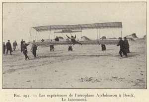 ベルクで行われたアーチデコンの飛行機実験、打ち上げ（彫刻 作： French School