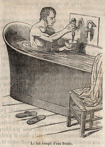 Les gestures du bain - 19世紀の衛生学 - バスタブの中の男性 - 1852年の "La Sante Universelle - Guide Medical des Familles "のエングレービング 作： French School