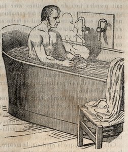 Les gestures du bain - 19世紀の衛生学 - バスタブの中の男性 - 1852年の "La Sante Universelle - Guide Medical des Familles "のエングレービング 作： French School