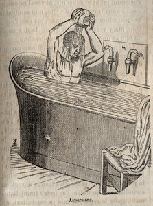 Les gestures du bain - 19世紀の衛生学 - バスタブの中の男性 - 1852年の "La Sante Universelle - Guide Medical des Familles "のエングレービング 作： French School