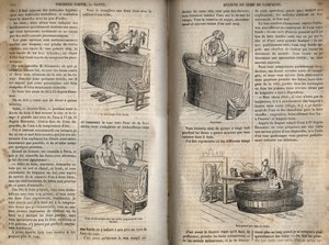 Les gestures du bain - 19世紀の衛生学 - バスタブの中の男性 - 1852年の "La Sante Universelle - Guide Medical des Familles "のエングレービング 作： French School
