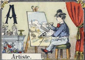 レターA：アーティスト。再現性のあるアルファベット。エピナル・イメージング。1880年頃のステンシルによる木彫。16ページの小冊子（205 x 150 mm）。個人蔵 作： French School