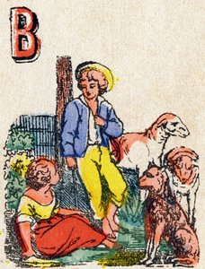 Letter B Shepherds.Alphabet des jeux "に掲載された版画。19世紀末、ポン・ア・ムソンの編集者Mr.Vagneが描いたもの。ピンクのシリーズ。12ページ。簡略化された読み方と、イラスト入りのアベセダリーを収録したアルバム。寸法：16,5x11cm 作： French School