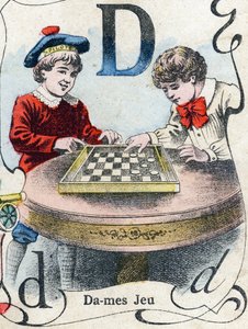 レターD。チェッカーゲーム。ABC des joux pour petits boys "のエングレーヴィング。ポン・ア・ムソンの画像化、Louis Vagne、印刷・出版業者、19世紀後半。寸法：32,5x25 cm 作： French School
