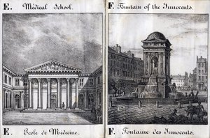 Letter E and F: School of Medicine and Fountain of the Innocents - "Alphabet Picturesque des Monumens de Paris" c.1840 (grenaving) 作： French School